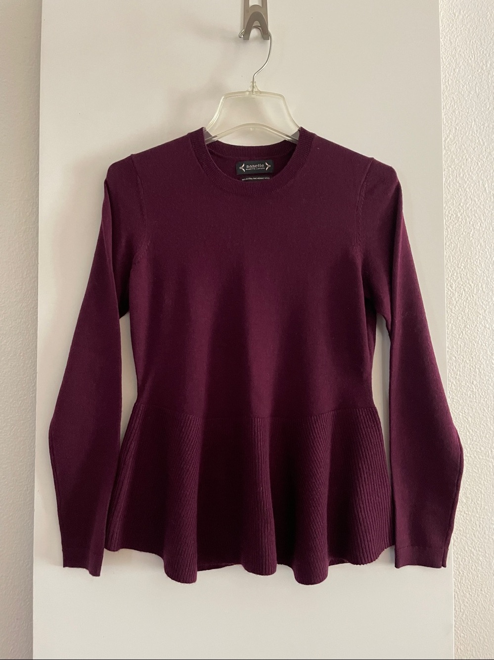 Nanette Lepore Pure Fine Merino Wool Peplum Crew Neck Sweater Wine NWOT